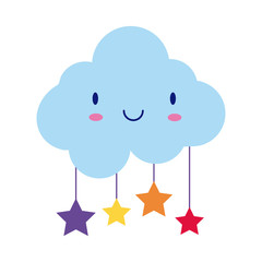 cloud sky with stars hanging kawaii comic character flat style