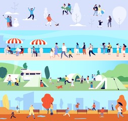People outdoor activities. Seasonal walking man woman children. Winter summer autumn and spring time banners with tiny characters. Camping vacations, seafront walk vector illustration