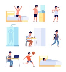 Boy daily activities. Kid hygiene, smiling active baby morning time. Little child studying eating wake up, life routine vector illustration. Boy morning wake, rest time and study, activity child