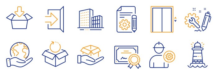 Set of Industrial icons, such as Return package, Hold box. Certificate, save planet. Exit, Get box, Engineer. Engineering, Documentation, Buildings. Lighthouse, Lift line icons. Vector