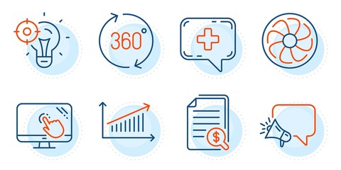 Medical chat, Chart and 360 degrees signs. Megaphone, Financial documents and Seo idea line icons set. Fan engine, Touch screen symbols. Brand message, Check docs. Technology set. Vector