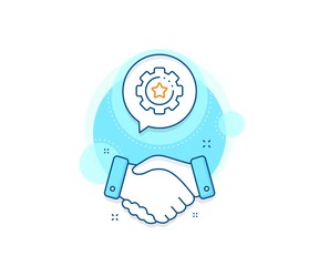 Cogwheel with star sign. Handshake deal complex icon. Settings gear line icon. Working process symbol. Agreement shaking hands banner. Settings gear sign. Vector