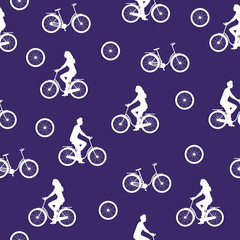 Seamless pattern with cyclists on a purple background. Paper cut effect. For the design of textiles, printing products, wallpaper, clothing, wrapping paper and more