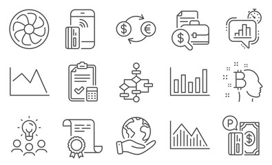 Set of Finance icons, such as Block diagram, Investment graph. Diploma, ideas, save planet. Fan engine, Contactless payment, Parking payment. Line chart, Column chart, Accounting checklist. Vector