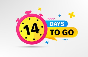 Fourteen days left icon. Countdown left days banner with timer. 14 days to go sign. Sale announcement banner. Count time for promotional offer. Promotion countdown timer. Vector