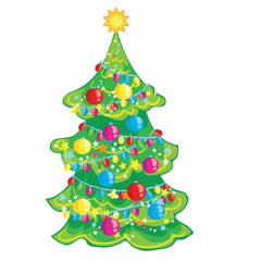 christmas tree decorated with colorful balls and toys, illustration for a postcard, isolated object on white background, vector illustration,