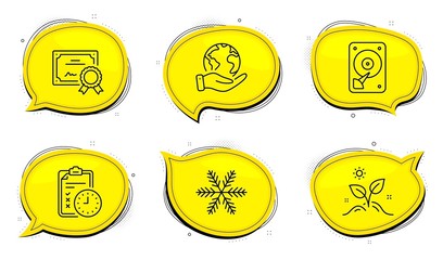 Snowflake sign. Diploma certificate, save planet chat bubbles. Grow plant, Exam time and Hdd line icons set. Leaves, Checklist, Hard disk. Air conditioning. Business set. Outline icons set. Vector