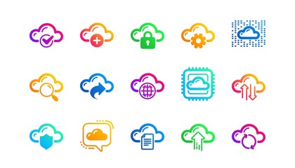 Hosting, Computing data and File storage. Cloud data and technology icons. Computer sync classic icon set. Gradient patterns. Quality signs set. Vector