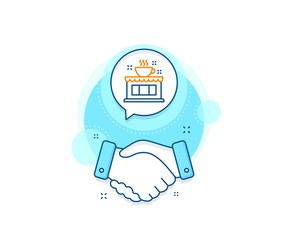 Cafe house sign. Handshake deal complex icon. Coffee shop line icon. Tea drink cup symbol. Agreement shaking hands banner. Coffee shop sign. Vector