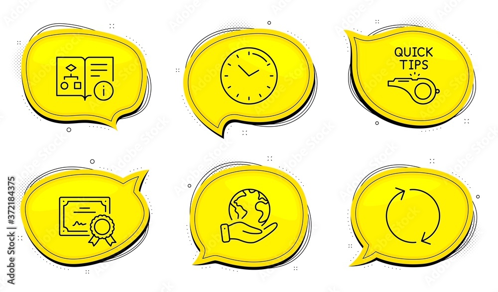 Poster time sign. diploma certificate, save planet chat bubbles. technical algorithm, tutorials and refresh