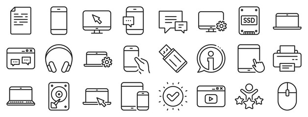Laptop, Tablet PC and Smartphone icons. Mobile device line icons. HDD, SSD and Flash drive. Headphones, Printer and tablet device. Mouse, ssd disk, mobile laptop. Memory hdd drive. Vector