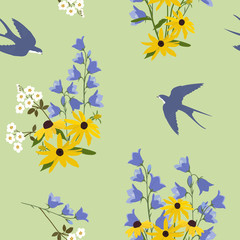 Seamless summer vector illustration with daisies, campanula and swallows.
