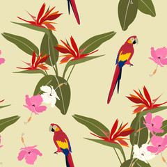 Tropic exotic multicolor birds parrot, macaw with tropical plants, flowers Strelitzia, hibiscus
