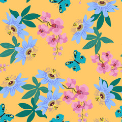 Seamless vector illustration with tropical flowers Passiflora, orchid and butterfly