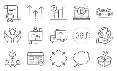 Set of Technology icons, such as Journey path, 360 degrees. Diploma, ideas, save planet. Question mark, Maximize, Ranking. Favorite, Swipe up, Car. Graph chart, Comic message, Bitcoin. Vector