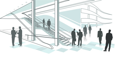 illustration of business center and businessman in flat style. Business meeting