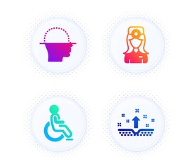 Oculist doctor, Disabled and Face scanning icons simple set. Button with halftone dots. Clean skin sign. Optometrist, Handicapped wheelchair, Faces detection. Cosmetics. Medical set. Vector