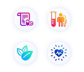 Medical analyzes, Medical prescription and Organic product icons simple set. Button with halftone dots. Heartbeat sign. Medicine results, Medicine drugs, Leaves. Healthcare set. Vector