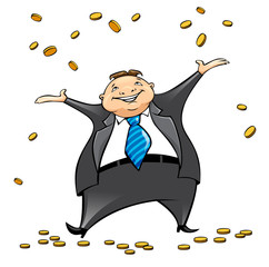 illustration of cheerful fat man in a business suit happy throwing coins