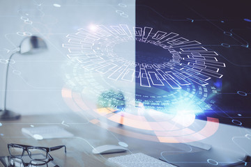 Double exposure of desktop computer and technology theme hologram. Concept of software development.