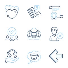 Sports arena, Remove account and Left arrow line icons set. Diploma certificate, save planet, group of people. Heart, Coffee cup and Credit card signs. Vector