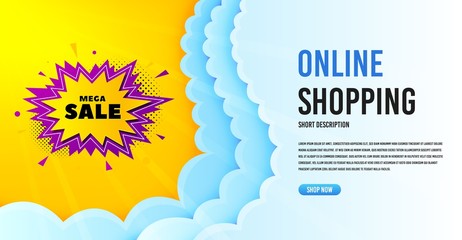 Obraz premium Mega sale badge. Clouds banner template. Discount banner shape. Coupon bubble icon. Online shopping banner with clouds. Mega sale promotion badge. Promotional flyer design. Vector