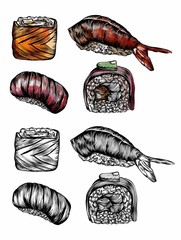 Raster Illustration of rolls, sushi and seafood in the sketch style. Detailed drawing of images with a line in black and white. For menus, banners, icons, stickers, and any other directions.