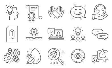 Set of Business icons, such as Eye target, Smartphone holding. Diploma, ideas, save planet. Smile, Cogwheel, Like. Search statistics, Water drop, No sun. Attachment, Dots message, Idea. Vector