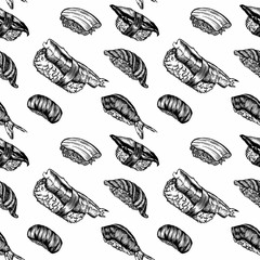 Raster Illustration of rolls, sushi and seafood in the sketch style. Detailed drawing of images with a line in black and white. For menus, banners, icons, stickers, and any other directions.