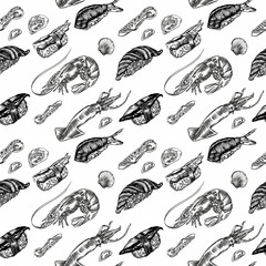 Raster Illustration of rolls, sushi and seafood in the sketch style. Detailed drawing of images with a line in black and white. For menus, banners, icons, stickers, and any other directions.