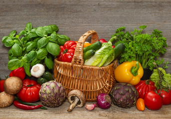 Farmer food Fresh vegetables herbs wooden background