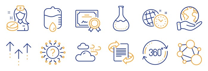 Set of Science icons, such as Nurse, Chemistry lab. Certificate, save planet. Swipe up, Windy weather, Integrity. Drop counter, Marketing, Question mark. Vector