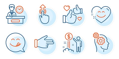 Income money, Click hand and Smile chat signs. Swipe up, Thoughts and Yummy smile line icons set. Presentation time, Like symbols. Touch technology, Business work. People set. Vector