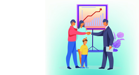 family and agent dealing picture and chart behind them vector template design