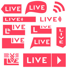 Set of live streaming icons - Big L. Red symbols and buttons of live shows, movies and live performances