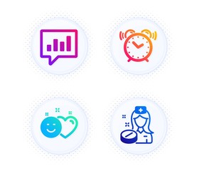 Smile, Alarm clock and Analytical chat icons simple set. Button with halftone dots. Nurse sign. Social media like, Time, Communication speech bubble. Medicine pill. Business set. Vector
