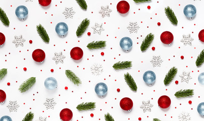 Trendy Christmas pattern with winter and New Year toys on abstract background. Top horizontal view copyspace flatlay