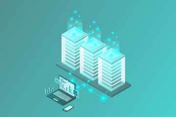 Mainframe, powered server, high technology concept, data center, cloud data storage isometric vector illustration ultraviolet background