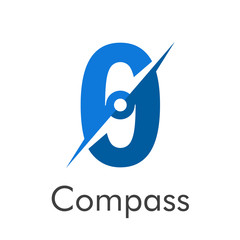 Número 0 con flecha como logotipo de brújula en color azul con palabra Compass en color azul