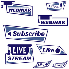 Set of blue symbols and buttons of online webinar, web conference, live streams, subscribe