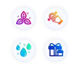 Rainy weather, Fair trade and Touchscreen gesture icons simple set. Button with halftone dots. Surprise package sign. Water drop, Leaf, Drag drop. Present boxes. Business set. Vector