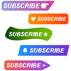 Set of color buttons of subscribe with hand, heart, star, bell and arrow
