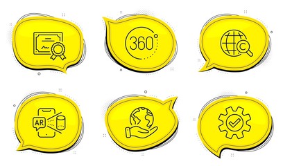 World copywriting, Cogwheel gear. Diploma certificate, save planet chat bubbles. International Ð¡opyright, Service and Augmented reality line icons set. Outline icons set. Vector