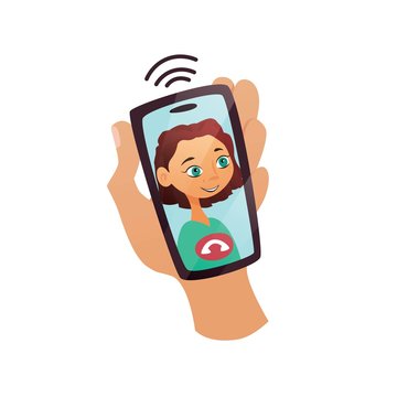 Hand is holding mobile phone with smiling girl face on display. Video call, chat, conversation. Cartoon vector concept for application, flat 