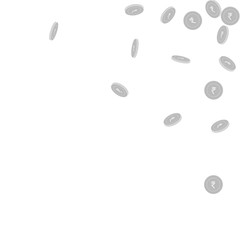 Indian rupee coins falling. Scattered black and wh
