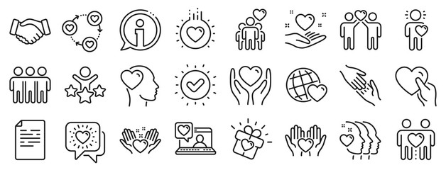 Interaction, Mutual understanding and assistance business. Friendship and love line icons. Trust handshake, social responsibility, mutual love icons. Trust friends, partnership. Vector