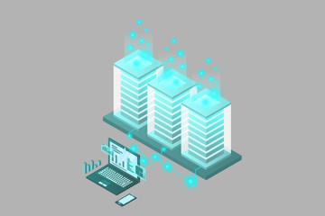Mainframe, powered server, high technology concept, data center, cloud data storage isometric vector illustration ultraviolet background