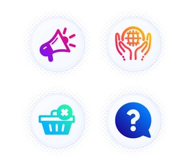 Delete order, Organic tested and Megaphone icons simple set. Button with halftone dots. Question mark sign. Clean basket, Safe nature, Brand advertisement. Help support. Business set. Vector