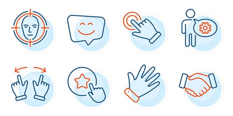 Smile face, Handshake and Cogwheel signs. Face detect, Loyalty star and Touchscreen gesture line icons set. Move gesture, Hand symbols. Select target, Bonus reward. People set. Vector