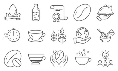 Set of Food and drink icons, such as Cooking whisk, Espresso. Diploma, ideas, save planet. Restaurant food, Coffee beans, Soy nut. Gluten free, Water bottle, Americano. Vector
